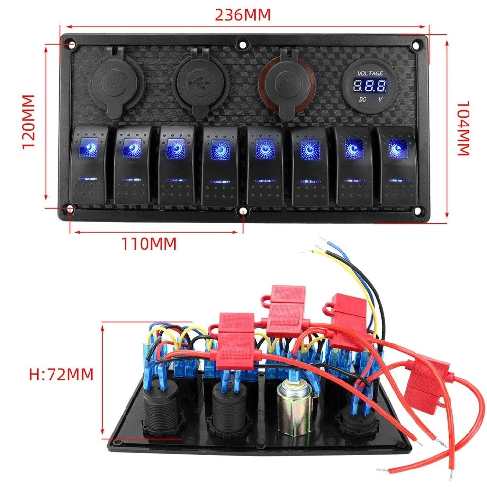 8 Gang Rocker Switch Panel with Digital Voltmeter & USB Charger for Vehicles