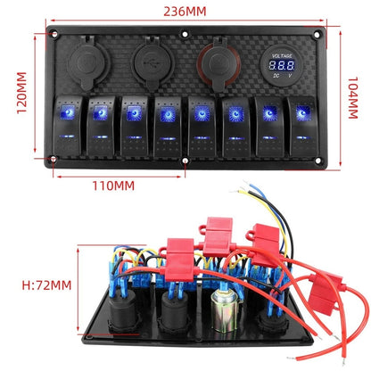 8 Gang Rocker Switch Panel with Digital Voltmeter & USB Charger for Vehicles