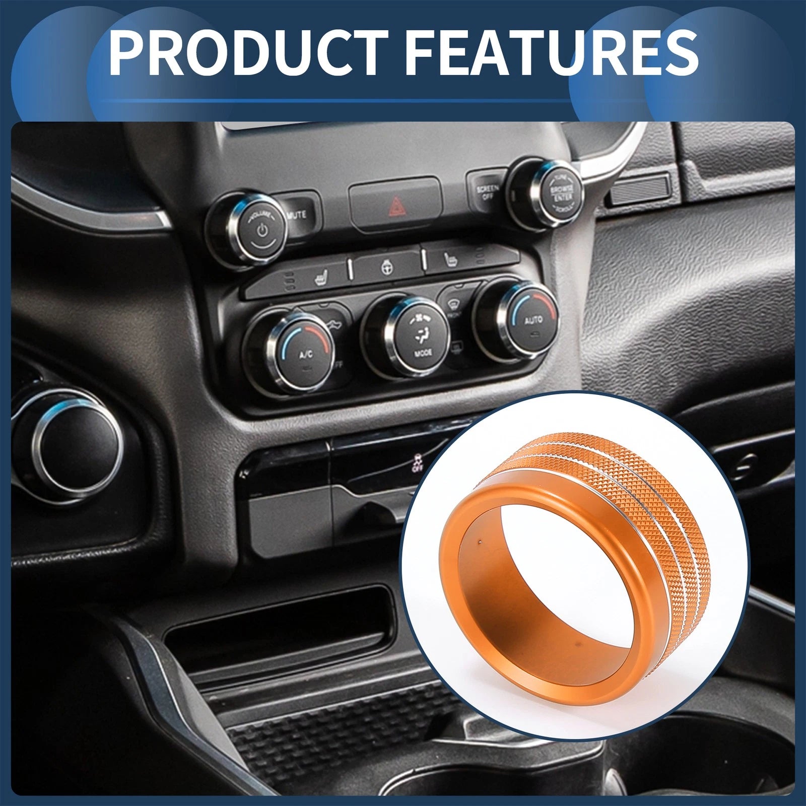 AC Media Volume Switch Knob Cover Ring for Dodge Ram (2018–2022) Orange