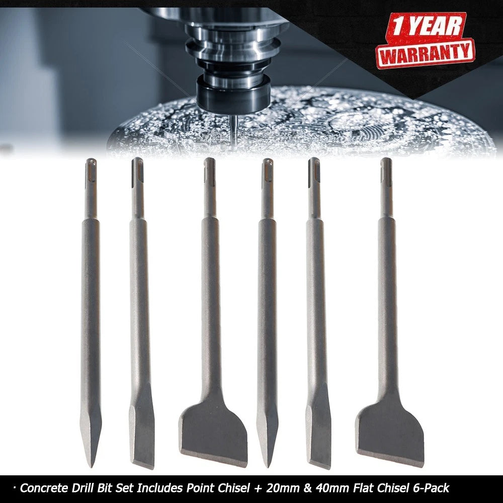 6X Concrete Drill Bit Set with Point Chisel + 20mm & 40mm Flat Chisel