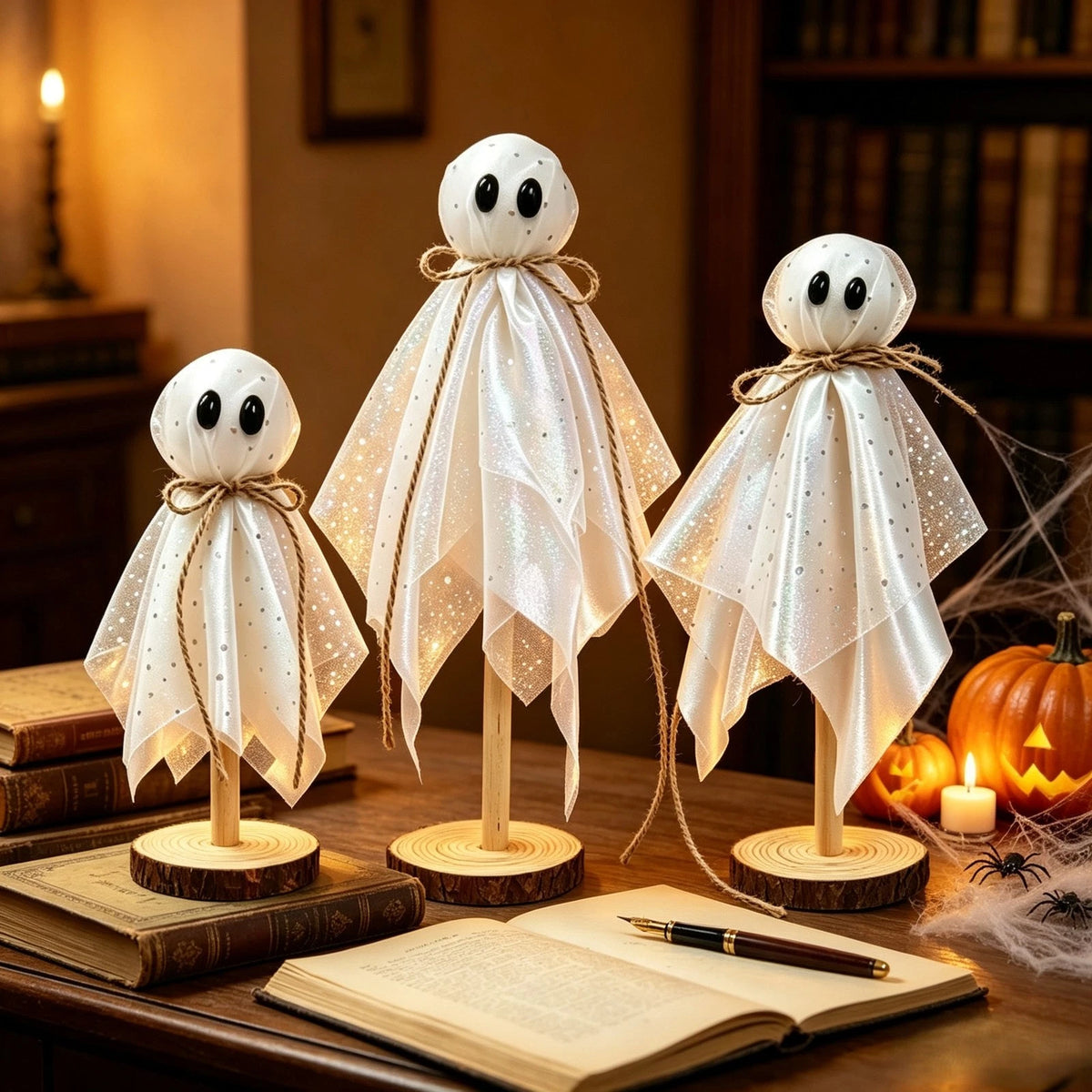 3X Standing Halloween Ghosts with Cartoon Eyes on Rustic Wood Slice Base