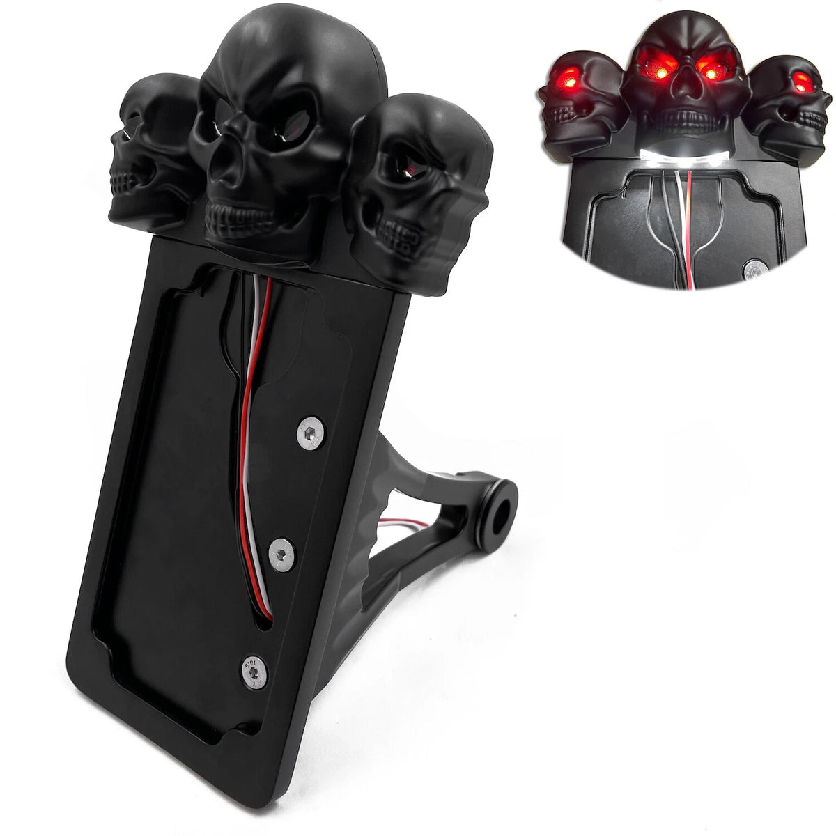 Black Side Mount License Plate Bracket w/ Skull LED Tail Light for Universal