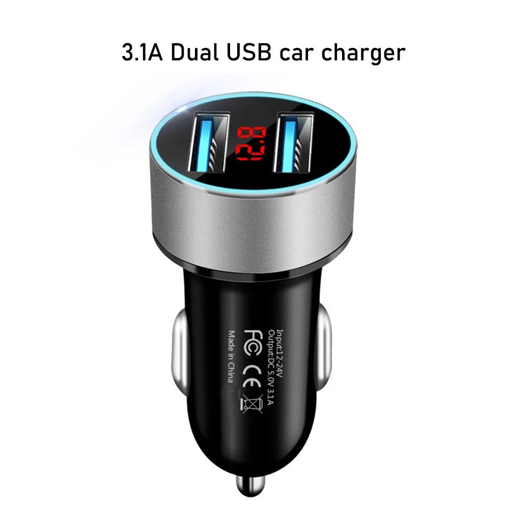 Dual USB Car Charger with LED Voltage Display for Universal Vehicles (2010–2023)