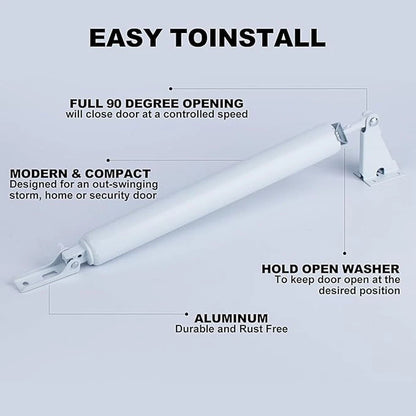 Adjustable Pneumatic Door Closer for Screen Storm Doors (Hold Open Function)