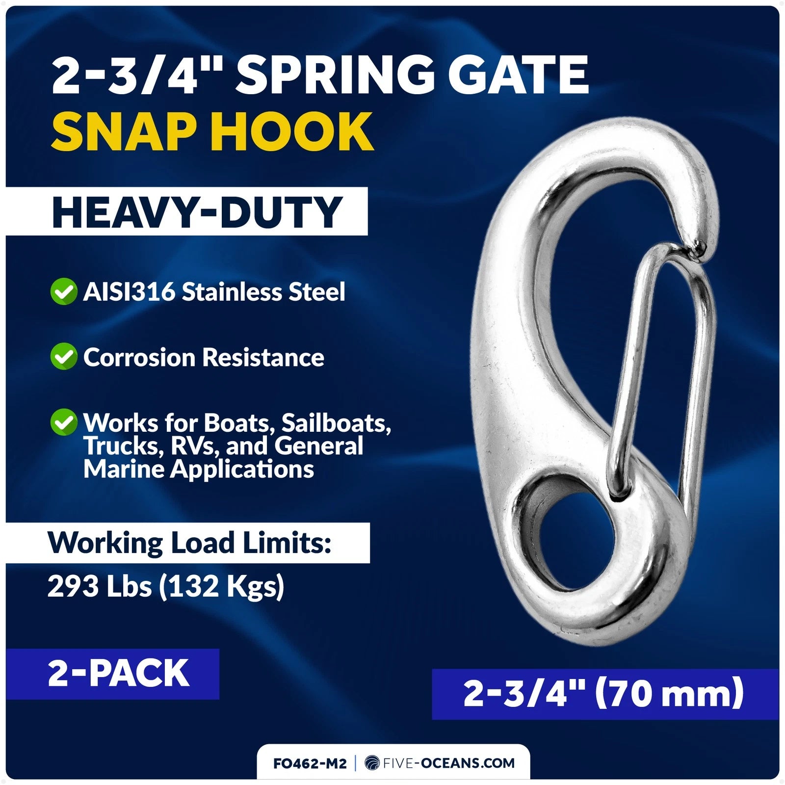 2-Pack 2 3/4" Snap Hook, 316 Stainless Steel for Sailboat