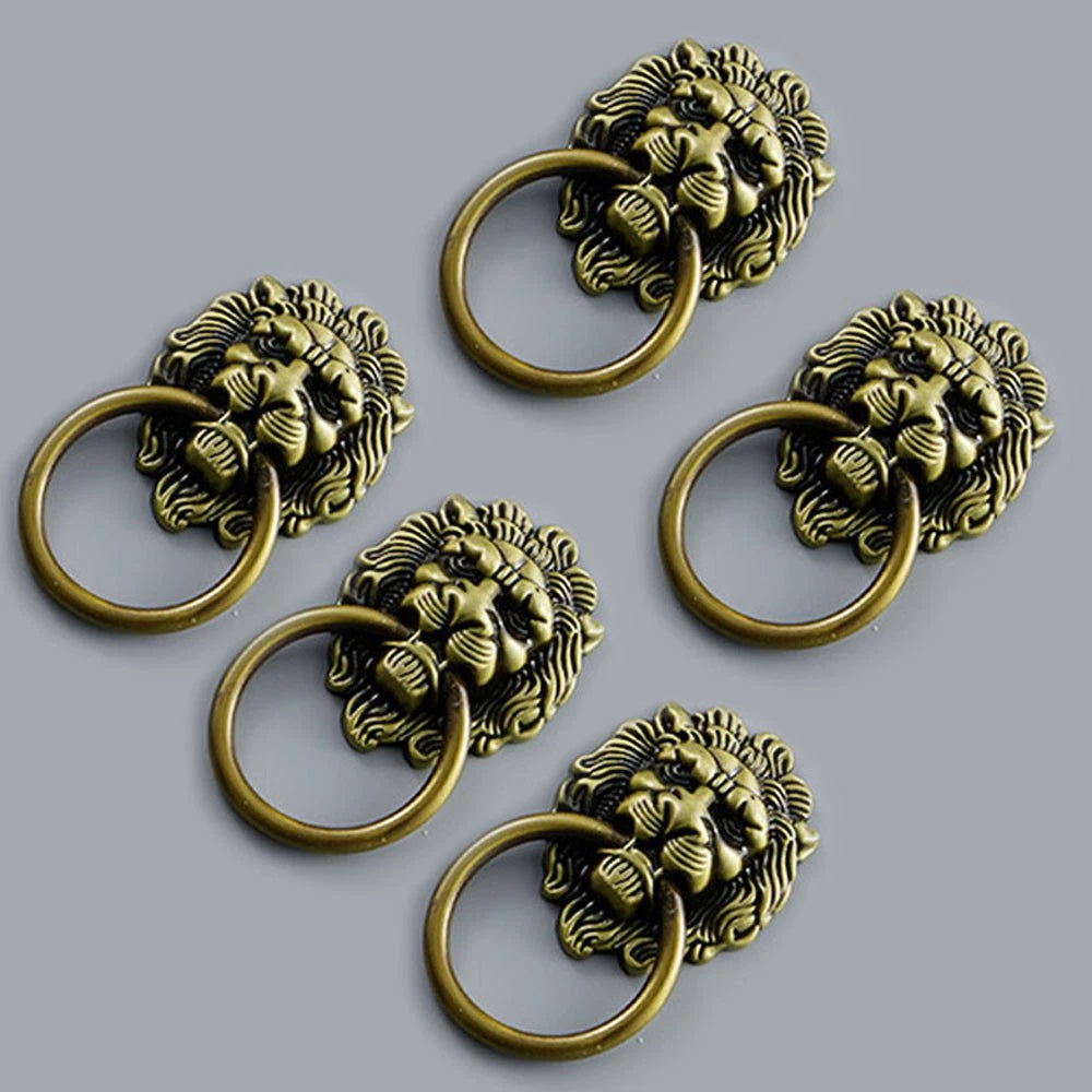 5Pcs Retro Lion Head Door Pull Handle Ring Antique Cupboard Drawer Cabinet Knob