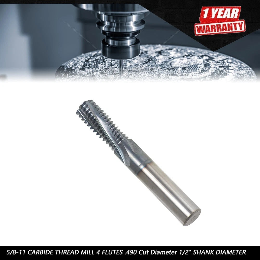 Carbide Thread Mill 1/2" Shank 4 Flutes 5/8-11 (.490 Cut Diameter)