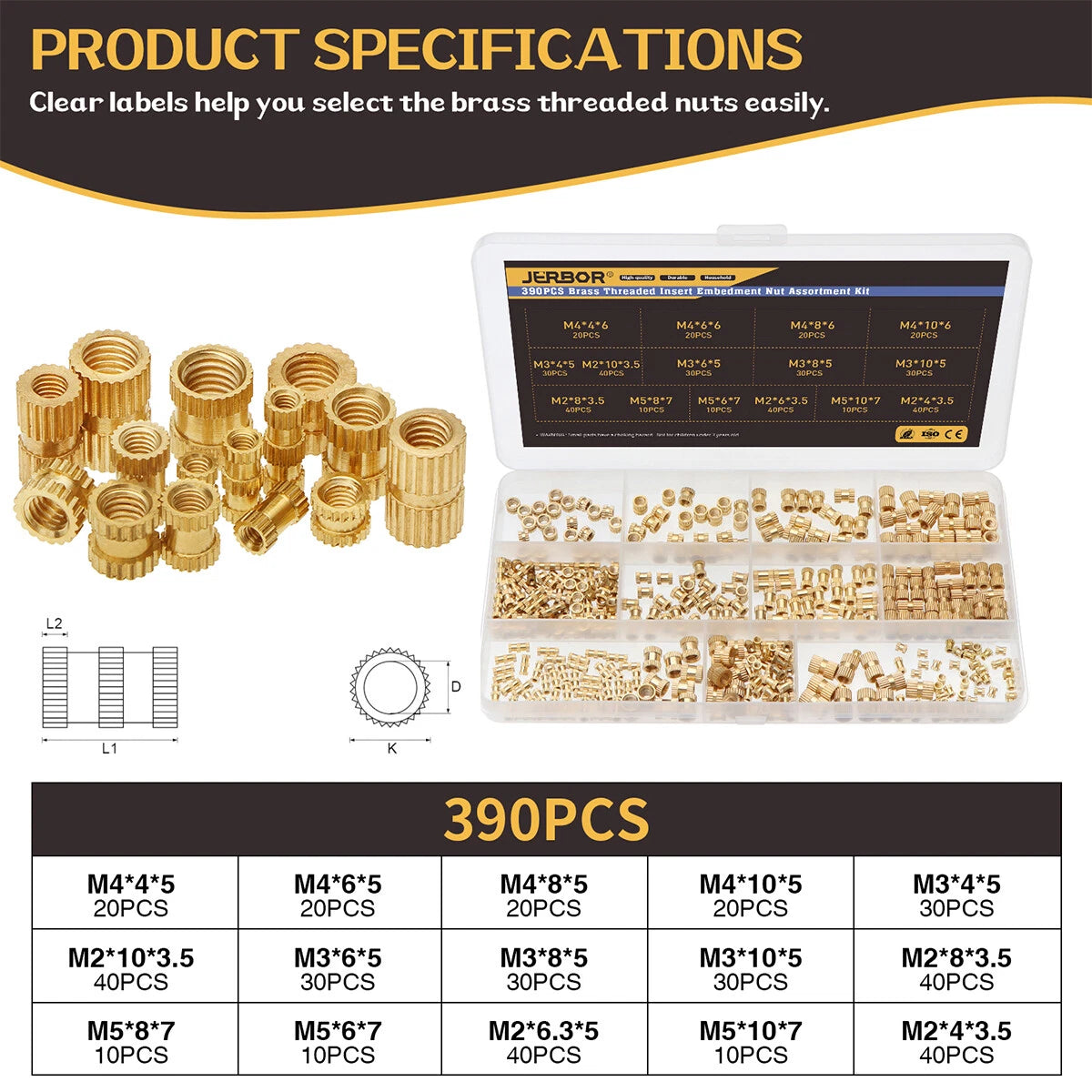 Set of 4 Brass Knurled Threaded Insert Nuts for M2 M3 M4 M5