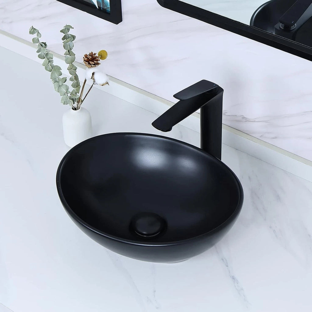 Ceramic Black Oval Vessel Sink with Pop Up Drain (15.7" x 13")