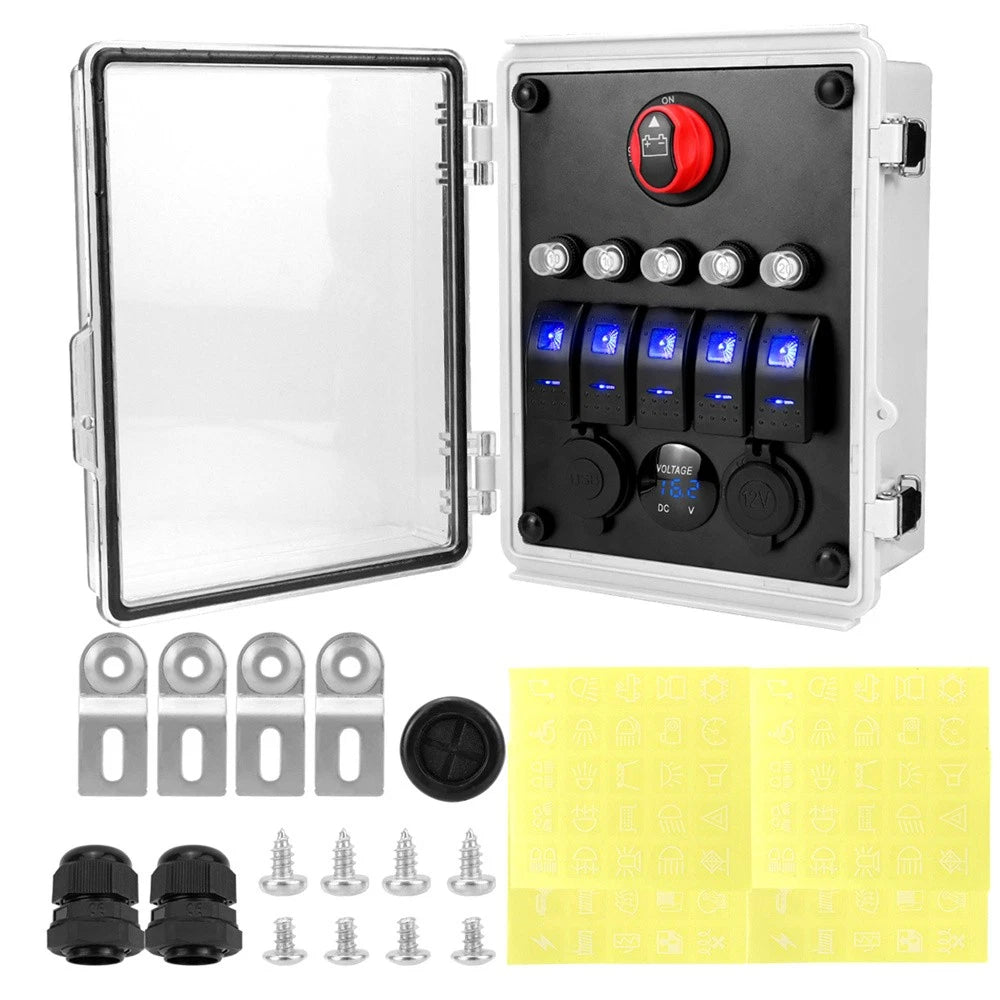 5 Gang Rocker Switch Panel with USB Charger & LED Voltmeter for Universal Use