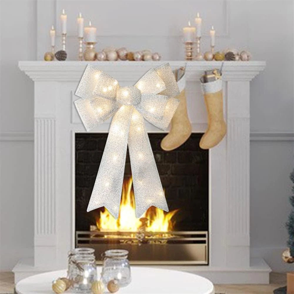 Large Silver Lighted Bow for Christmas Tree Topper (Indoor Use)