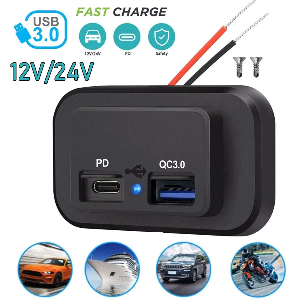 Dual USB Fast Charger Socket for Car Boat RV (QC3.0 PD Type-C)