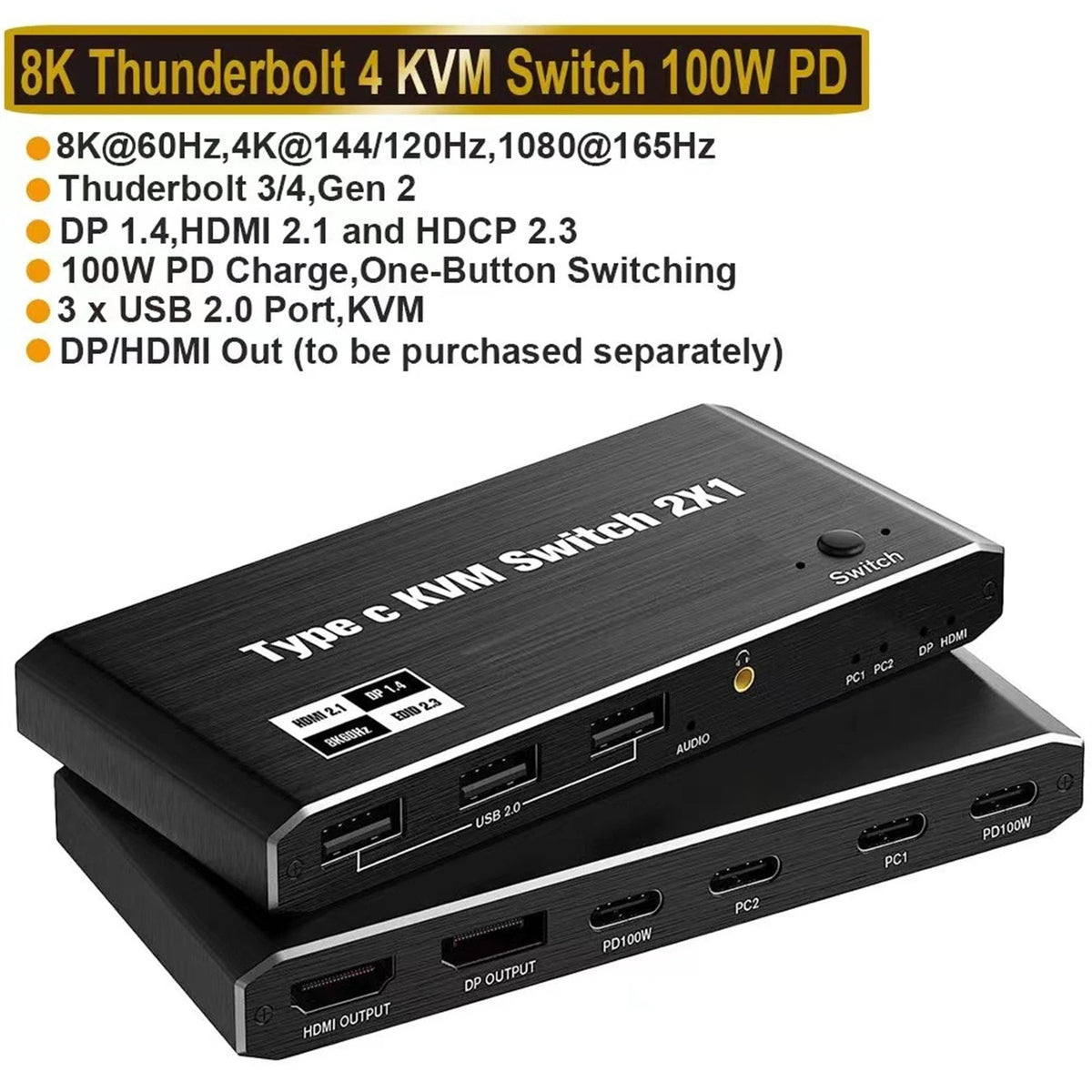2X 8K USB C KVM Switch for Laptops with DisplayPort (100W PD Charge)