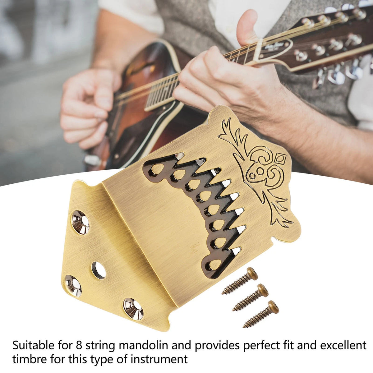 Replacement Tailpiece for Mandolin (8 String, Feather Pattern, Metal, Bronze)