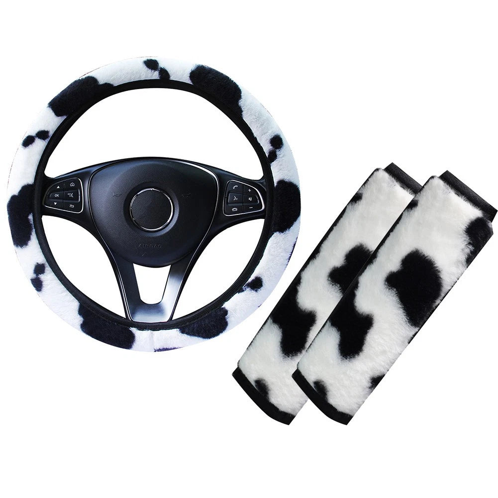 Set of 3 Steering Wheel Covers for Universal Fit (Cow Pattern)