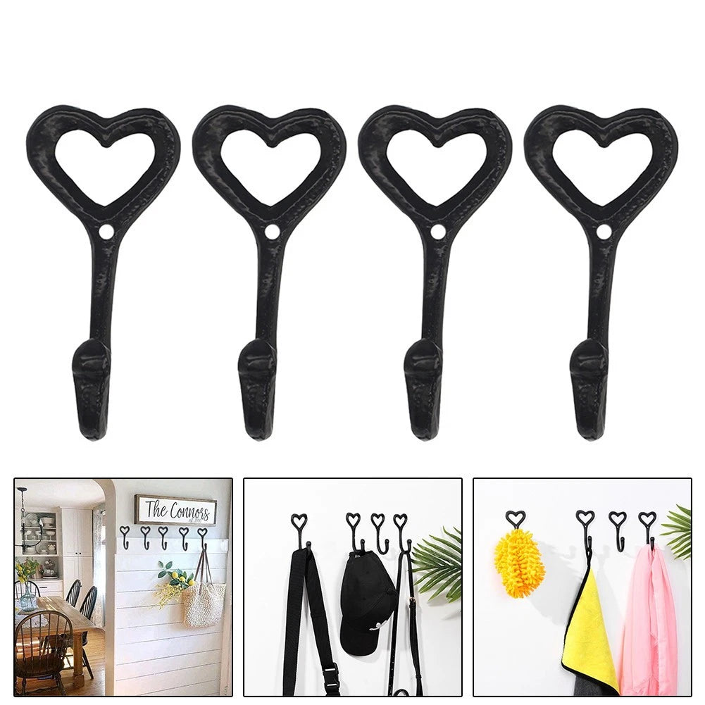 Set of 4 Decorative Black Iron Coat Hooks in Heart Shape