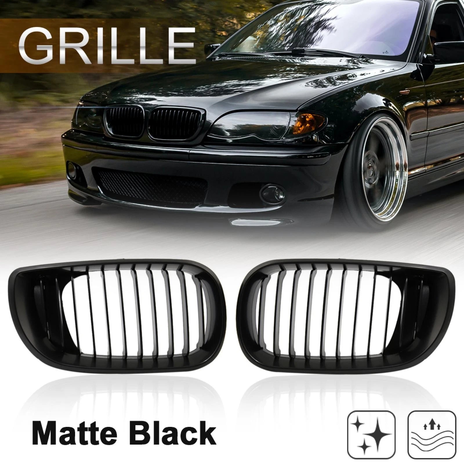 Front Upper Hood Bumper Grille Grill for BMW 335i Pair Matte Black (2007–2013)