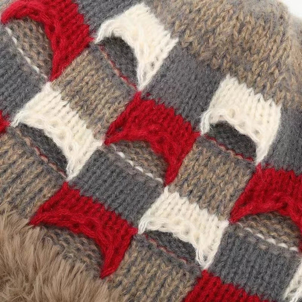 Fleece Winter Beanie Hat for Women - Knitted Color Block Design
