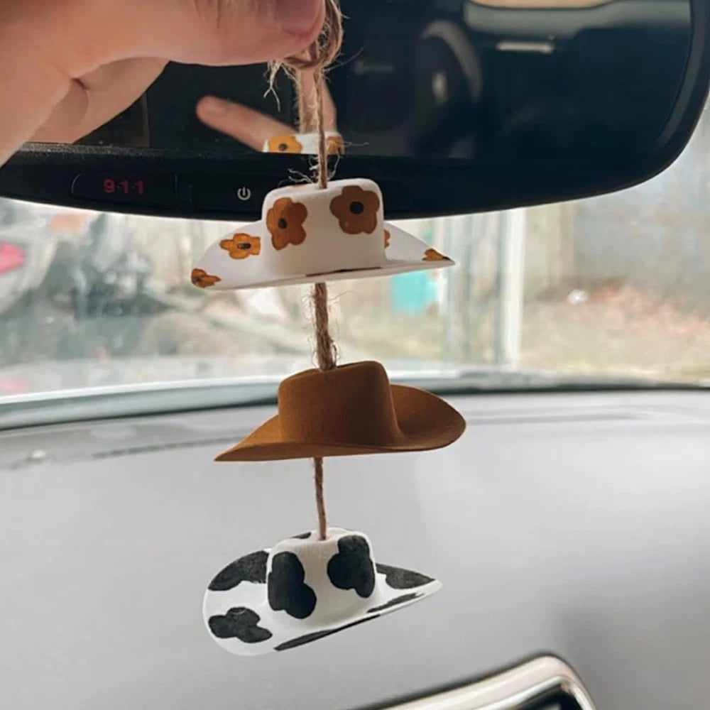 1 set Cowboy Hat Car Charm Rear View Mirror Decorations Accessories Pendant