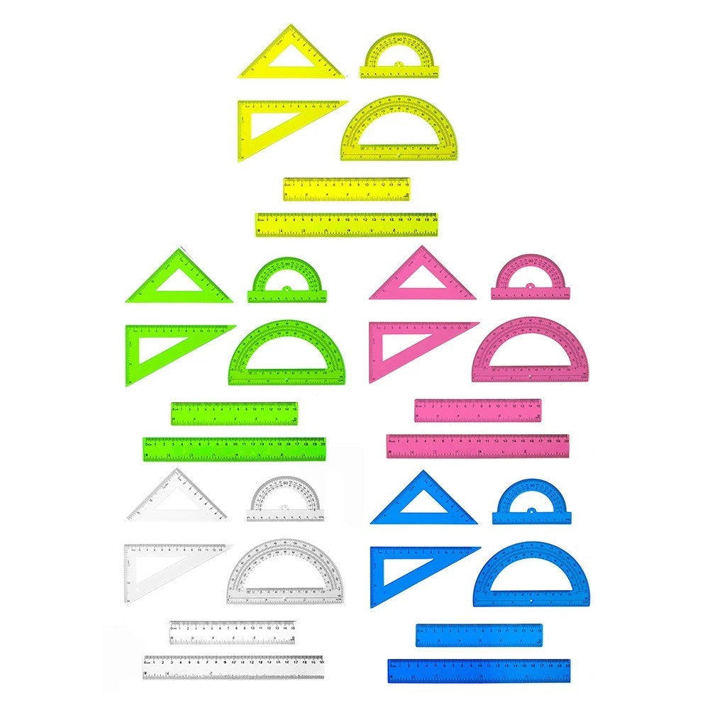 6PCS Clear Math Set Plastic Rulers Protractors Triangles Measuring Tools