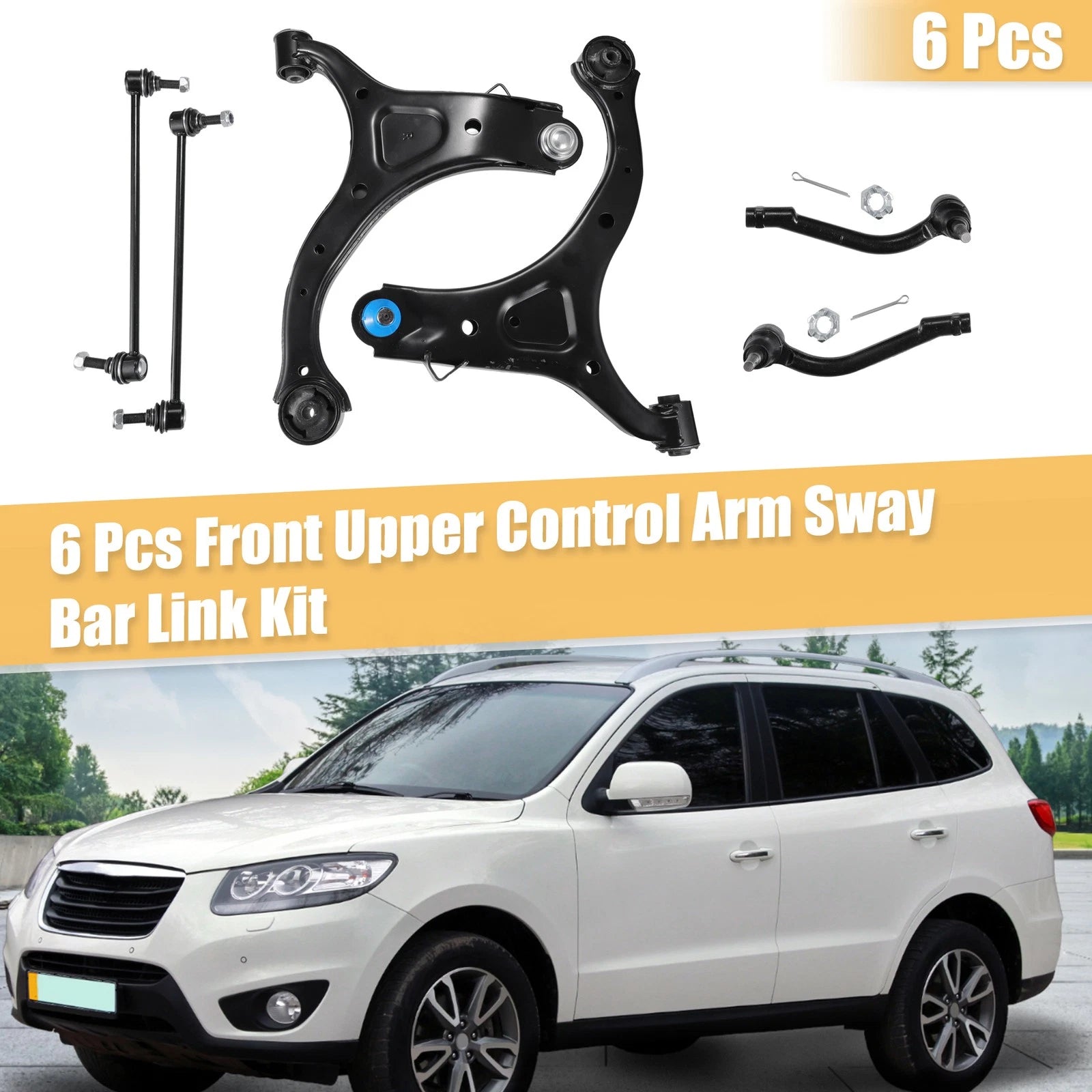 6 Pcs Front Lower Control Arms and Sway Bar Kit for Hyundai Santa Fe (2007–2012)