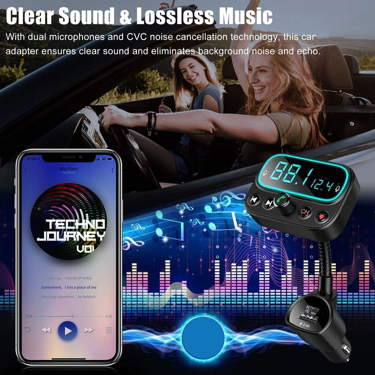 Bluetooth 5.0 FM Transmitter Adapter for Car with 2x USB & Type-C AUX