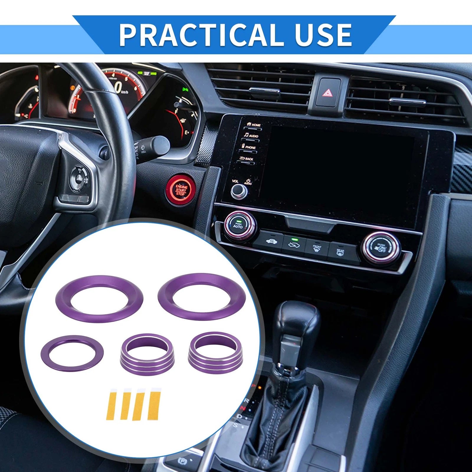 Engine Start Speaker Knob Cover Ring Set for Honda Civic (2016–2021)