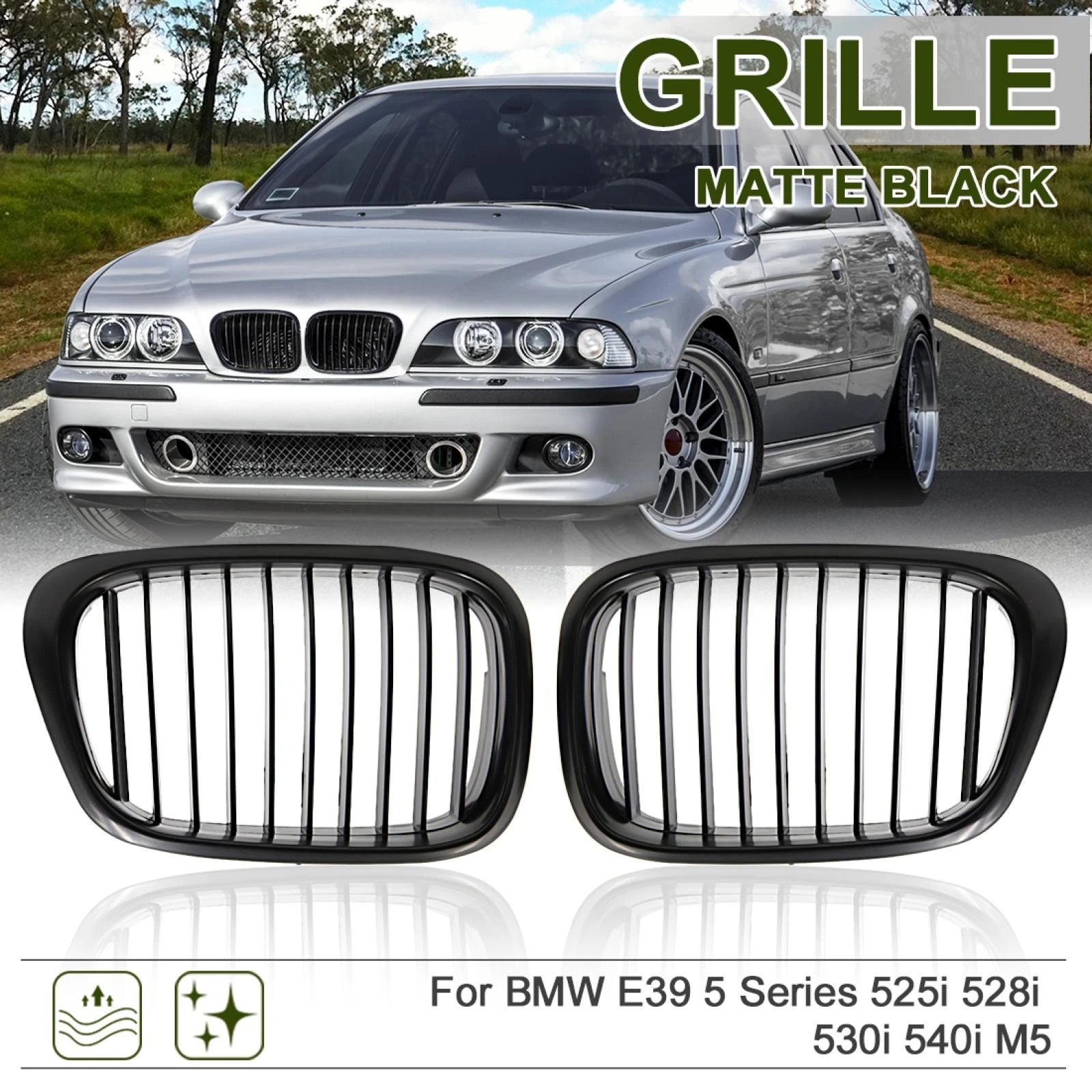 Front Upper Hood Kidney Grille Replacement Matte Black for BMW E39 (1997–2003)