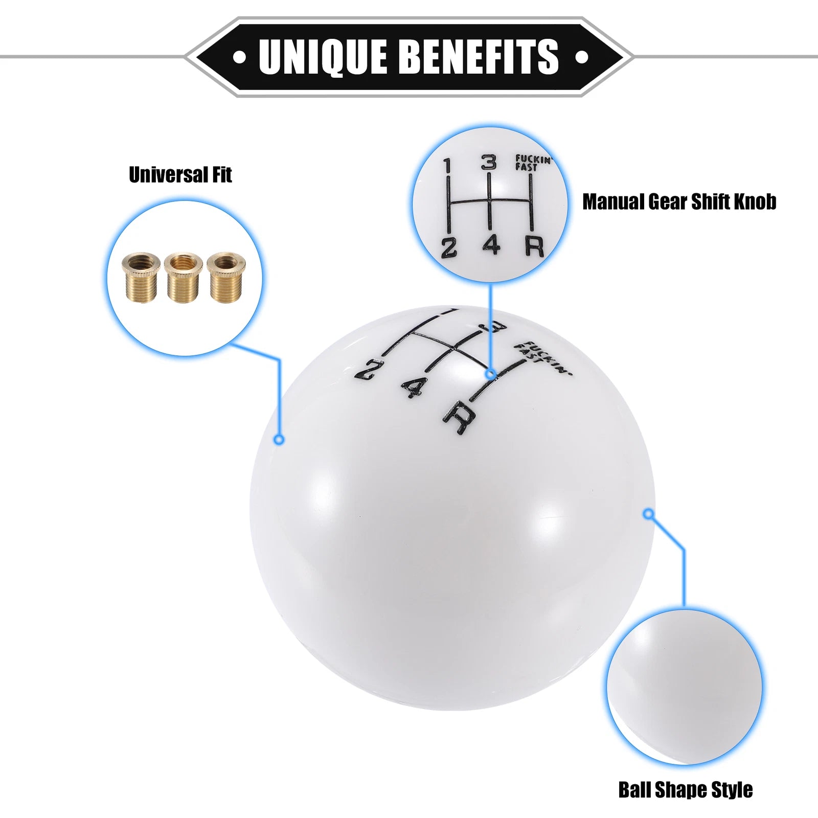 Set of 4 Manual 4 Speed Ball Gear Shift Knobs Universal White with Adapters