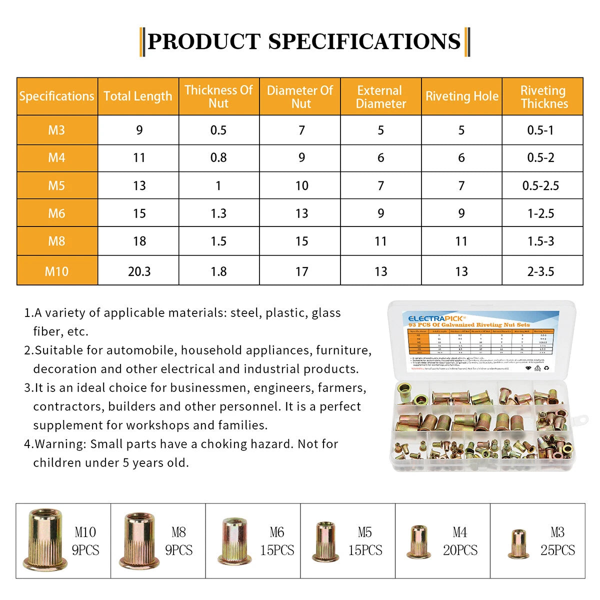 93x Rivet Nut Flat Head Threaded Nutsert for Various Applications (M3-M10)