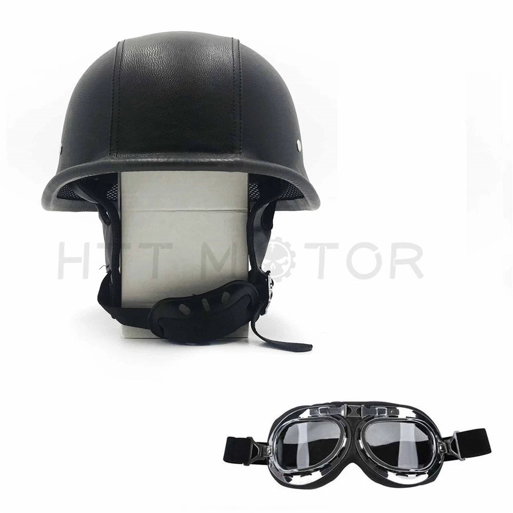 Black Leather Half Face Helmet with Goggles for Motorcycle (DOT Approved)
