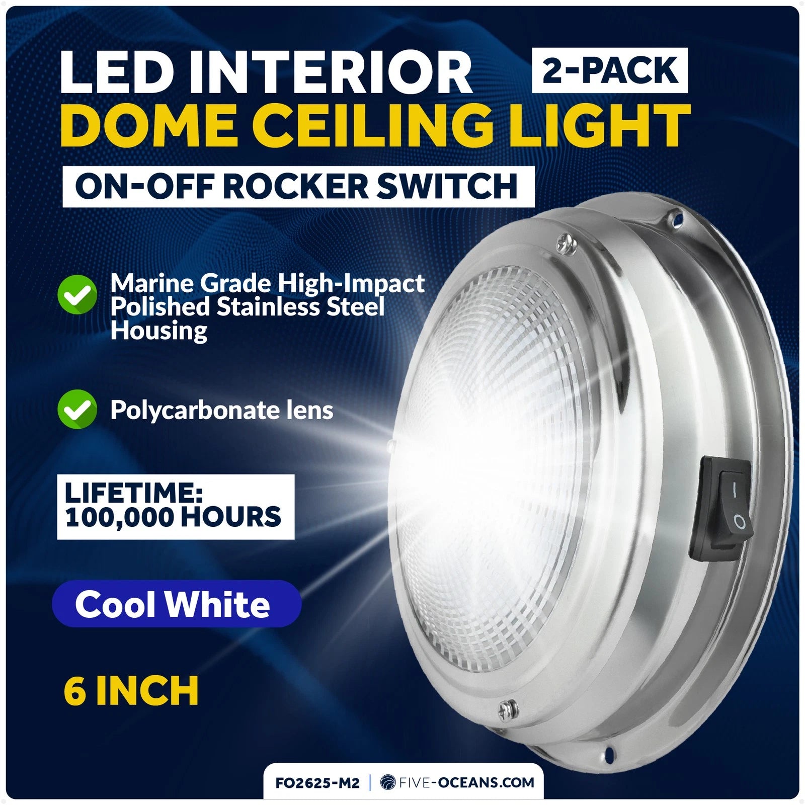 2X Marine LED Interior Dome Light for Boat Ceiling (6")