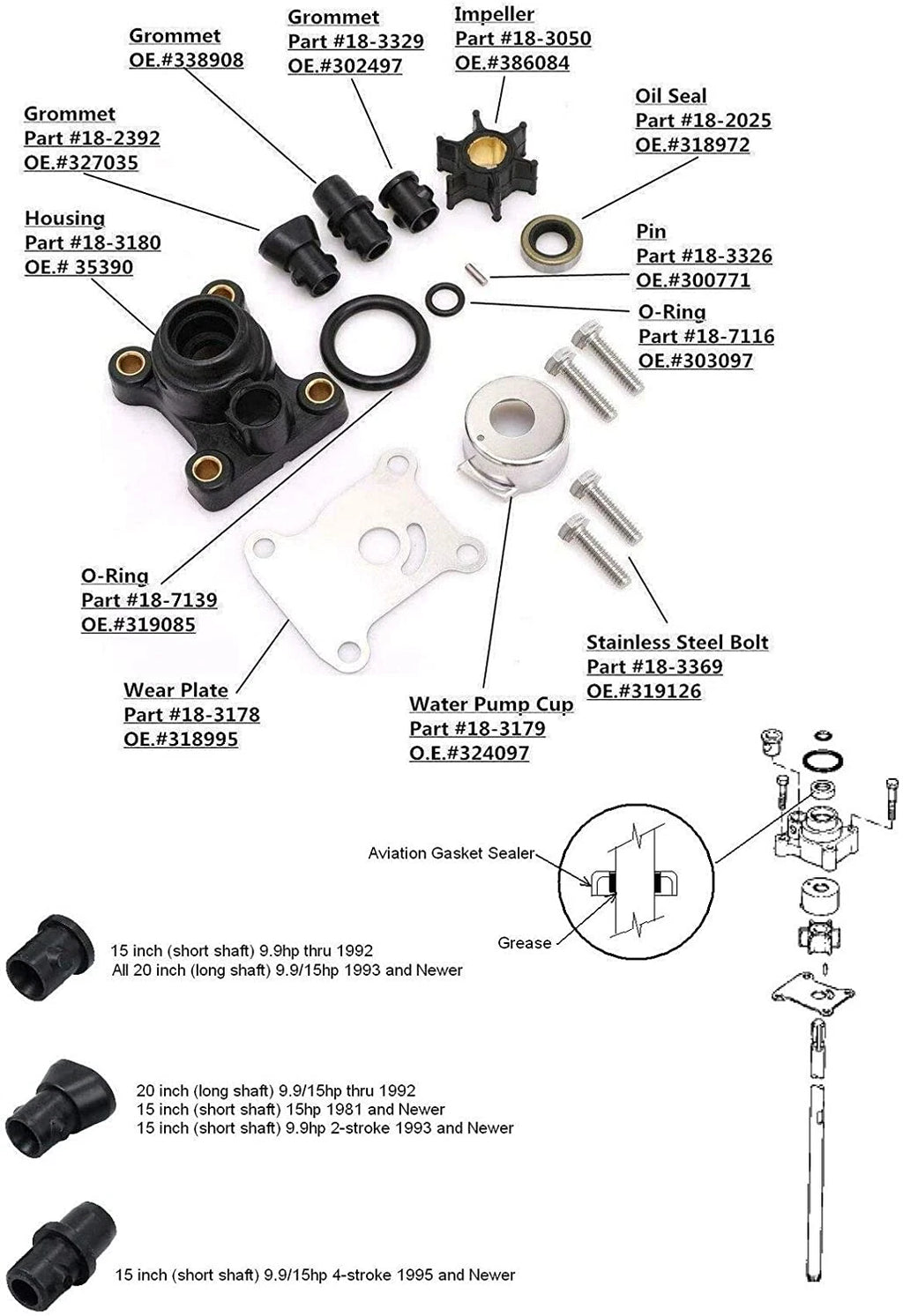 Water Pump Impeller Repair Kit for Johnson Evinrude 9.9 15 HP (394711)
