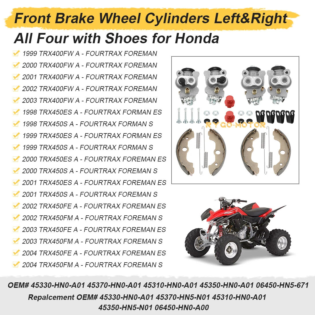 4X Front Brake Wheel Cylinders & Shoes Kit for Honda Foreman 450 (2000–2006)