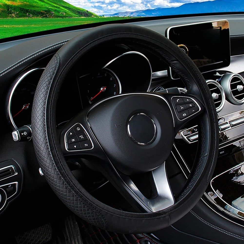 PU Leather Steering Wheel Cover for Standard Sizes (Universal Fit)