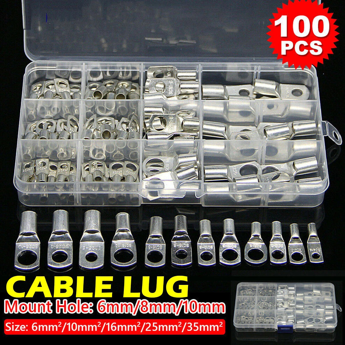 100PCS Battery Copper Cable Lugs Crimp Ring Terminals for Electrical Wiring