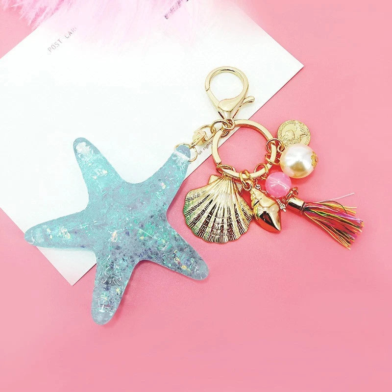 Seashell Charm Keychain for Universal Use (Pink, Beads, Acrylic Starfish)