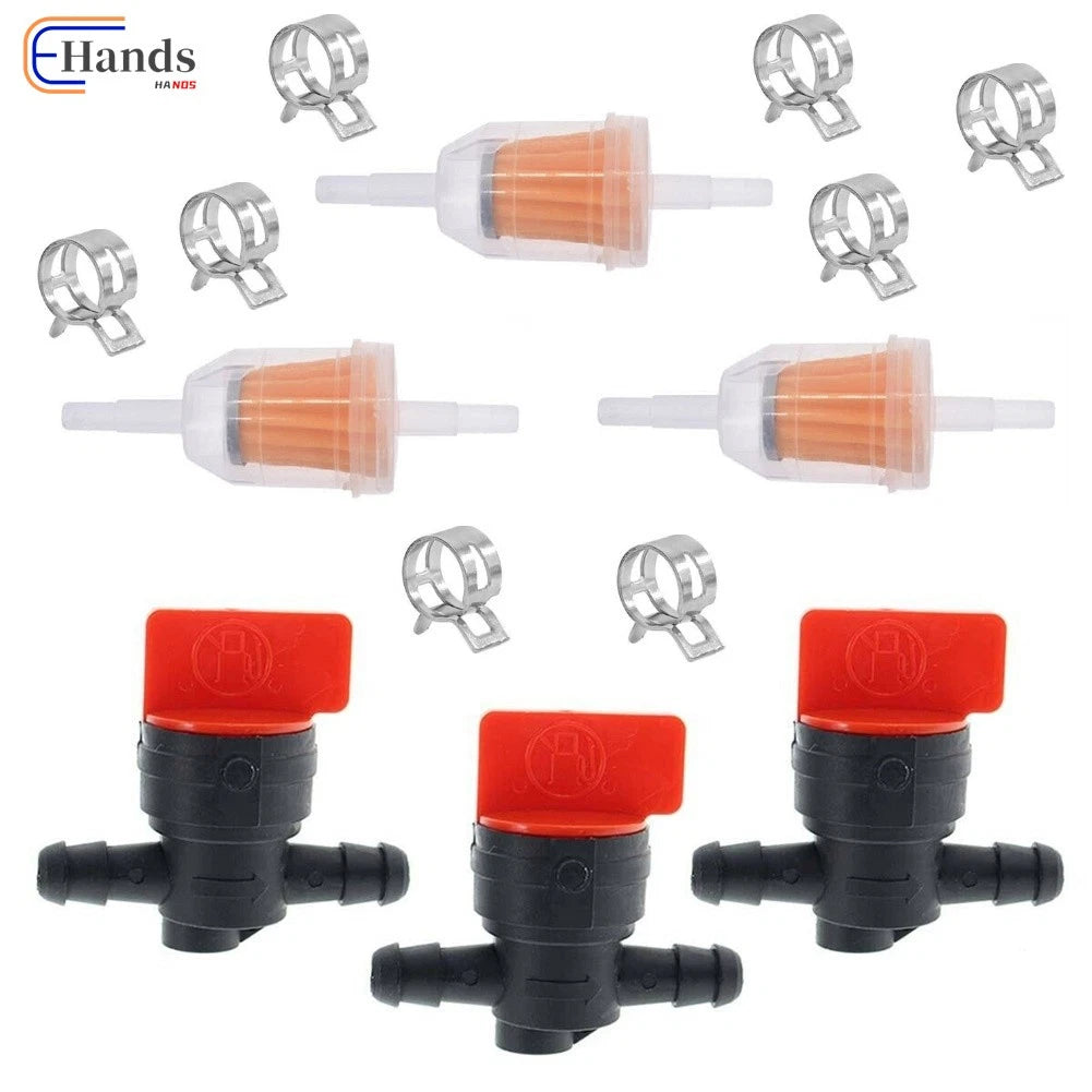 3 Kits 1/4" In Line Fuel Gas Filter Shut Off Valve Clamp for B & S