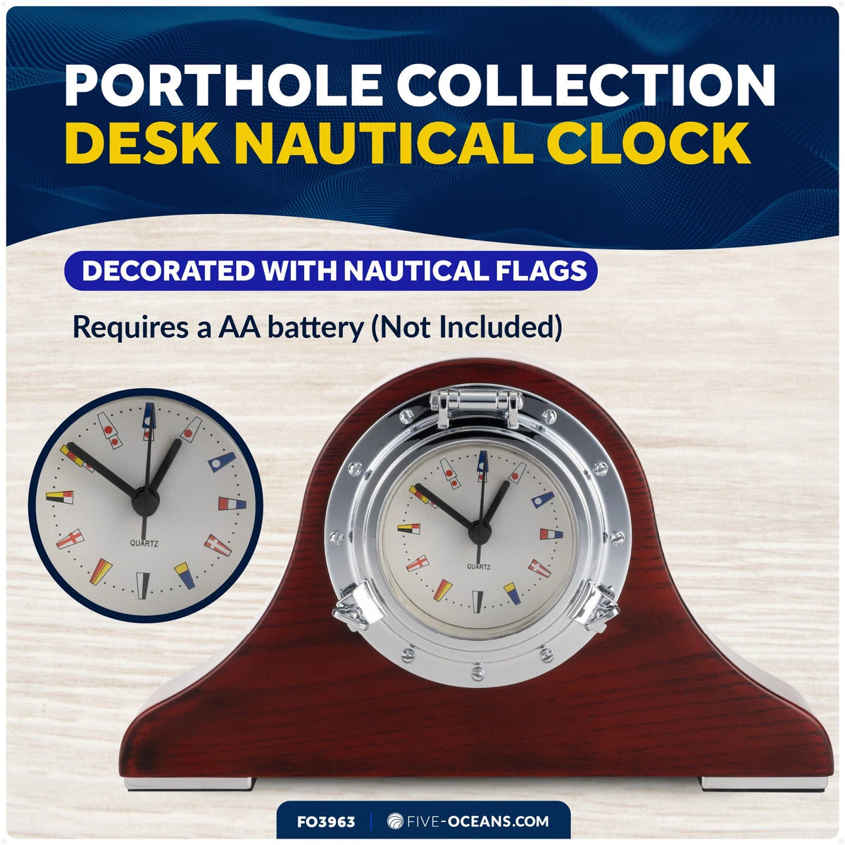 Porthole Collection Nautical Tambour Clock for Desk (Mahogany Finish)