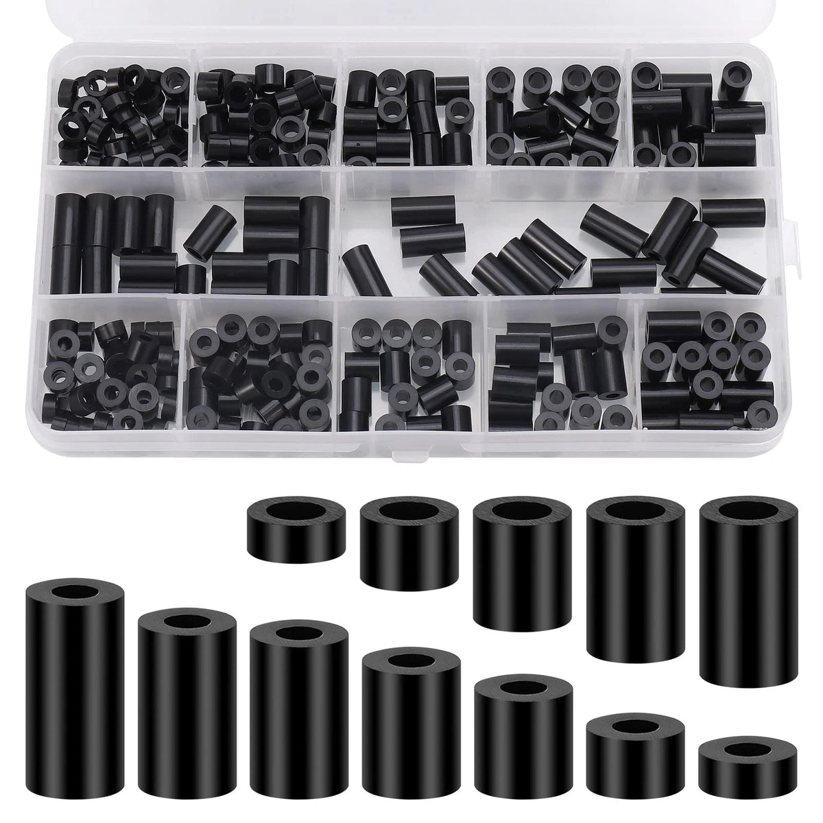 200Pcs Round Spacer Standoff Kit for M3 M4 (Nylon, Black)