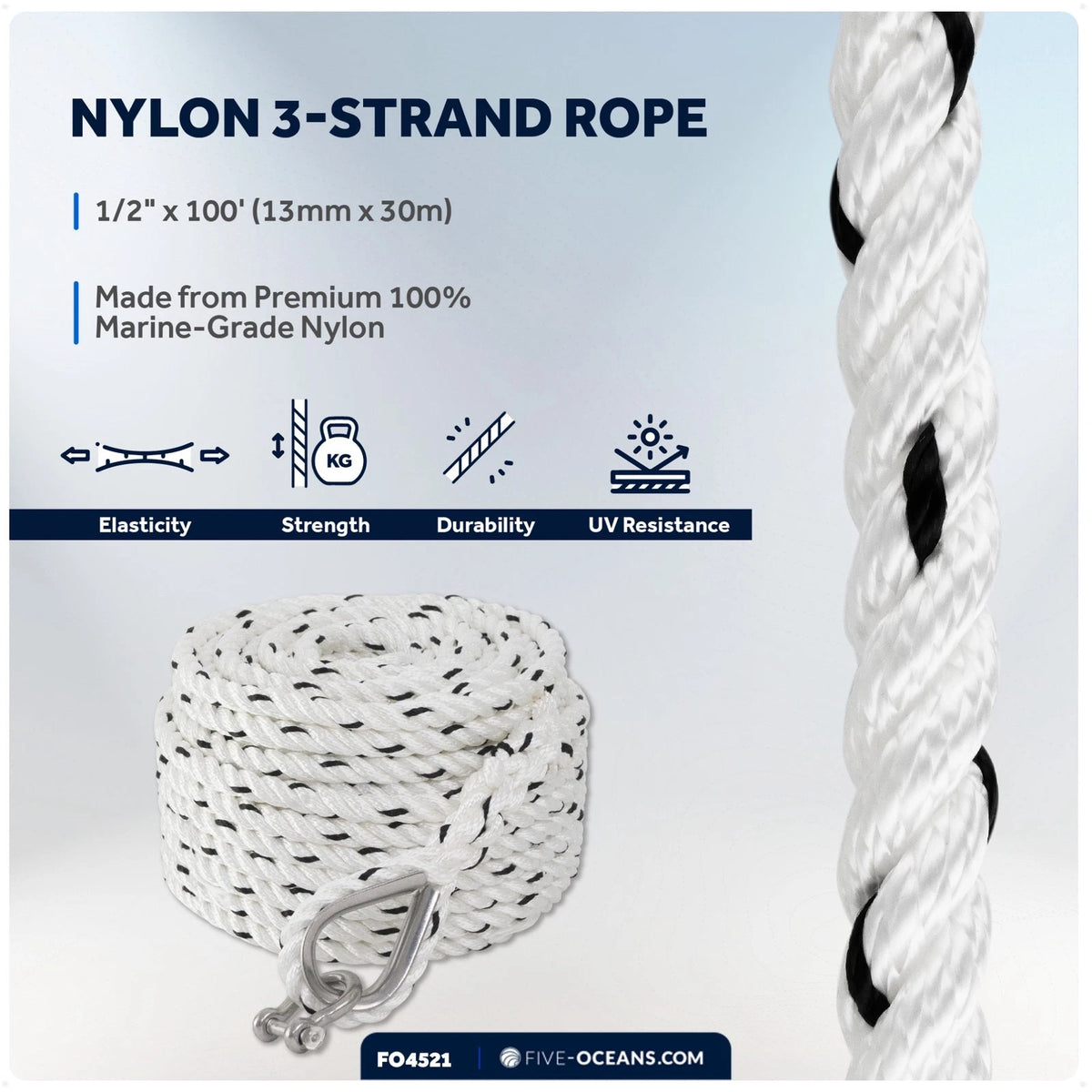 3-Strand Nylon Rope 1/2"x100' with Galvanized Steel Chain 1/4"x6'