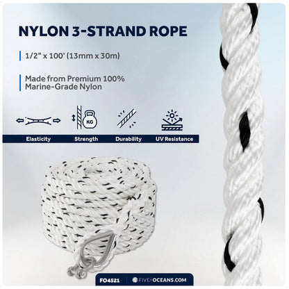 3-Strand Nylon Rope 1/2"x100' with Galvanized Steel Chain 1/4"x6'
