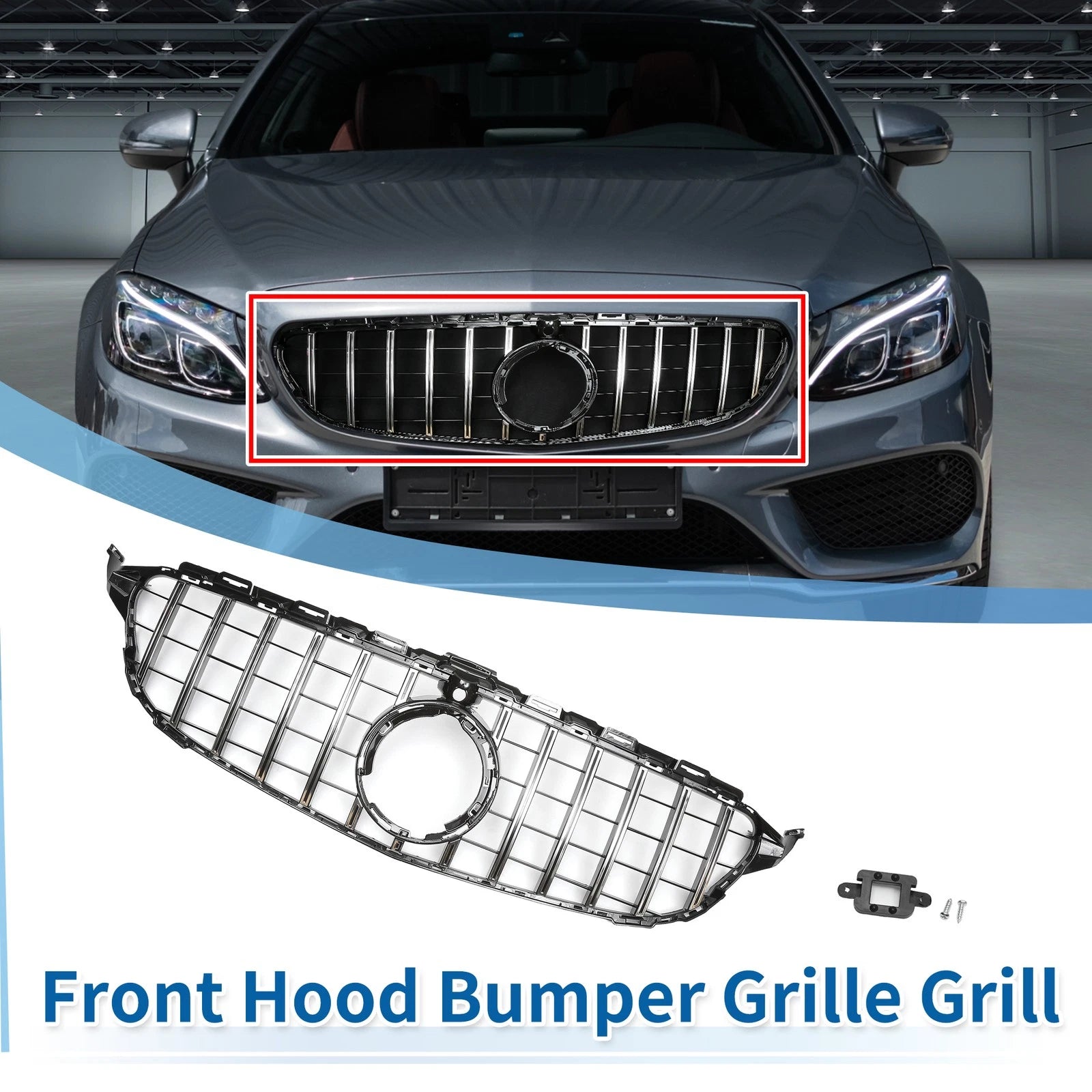 Front Upper Bumper Grille for Mercedes-Benz C180 (Chrome Silver Black)