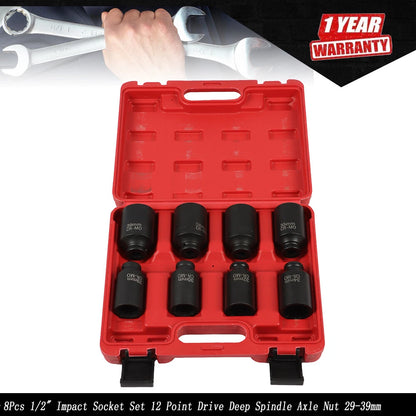 8Pcs 1/2" Impact Socket Set for Spindle Axle Nut 29-39mm (Universal)