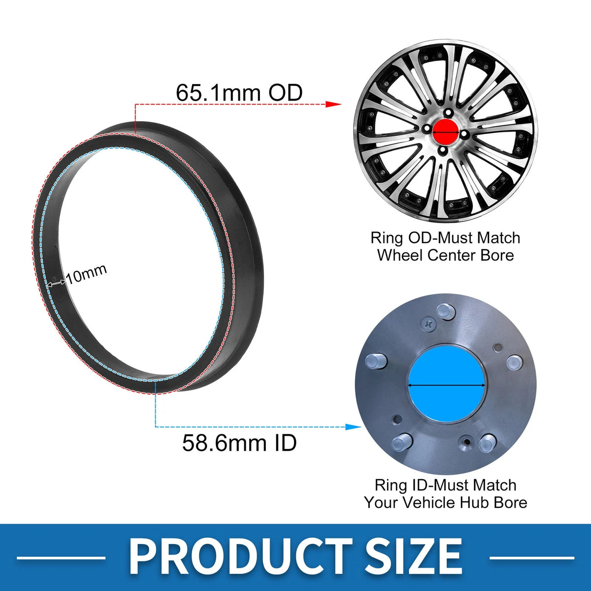 Set of 4 Wheel Hub Centric Rings for Car (OD 65.1mm ID 58.6mm) Black Polycarbonate