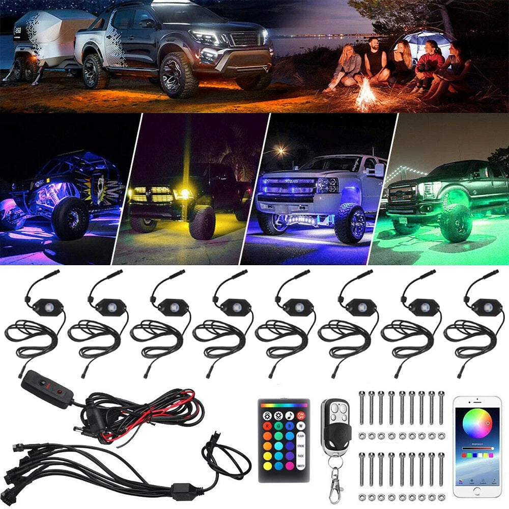 8x RGB LED Rock Lights for Offroad Vehicles - Wireless Bluetooth Controller