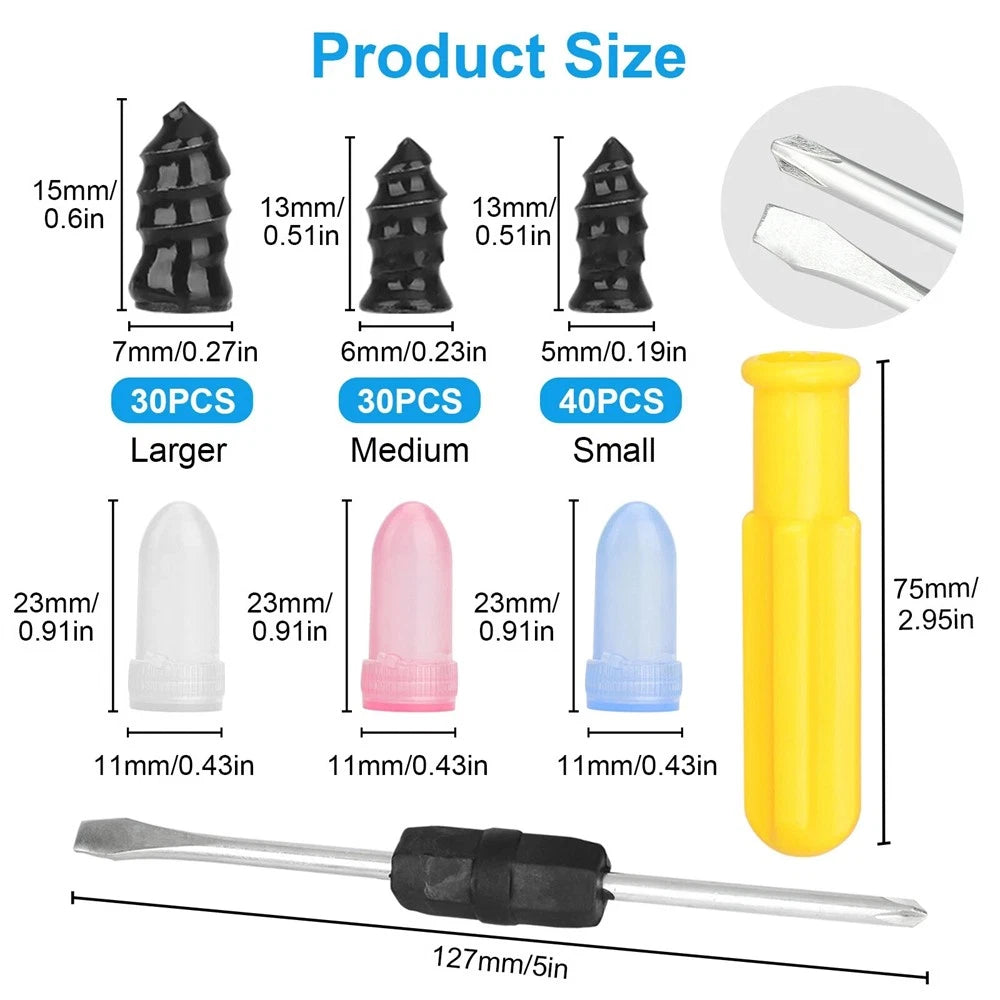 100Pcs Rubber Tyre Puncture Repair Kit with Screws and Screwdriver