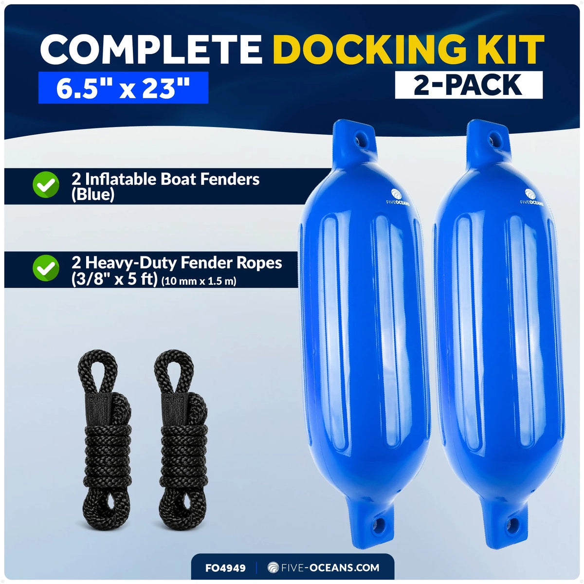 2-Pack Twin Eye Ribbed Boat Fenders 6.5 x 23-Inch, Blue