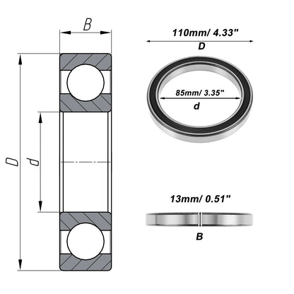 Deep Groove Ball Bearing 6817DDU for Scooter Skateboard (85x110x13mm)