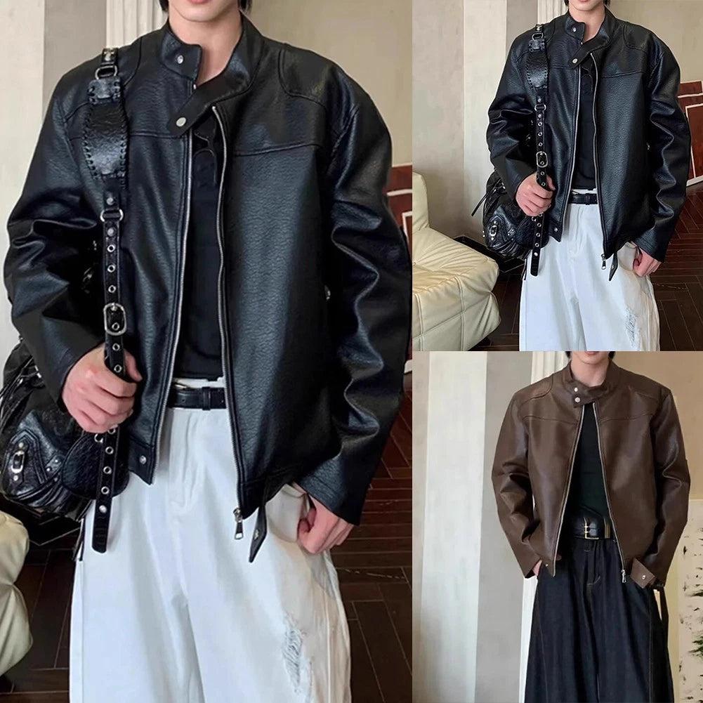 Imitation Leather Jacket for Men Retro Style Casual Engine Design